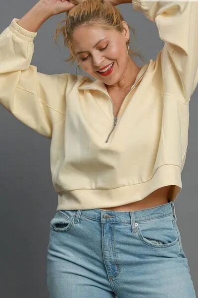 Umgee Full Size Half Zip Cropped Sweatshirt Plus Size sold by Charming Charlie product image thumbnail 2