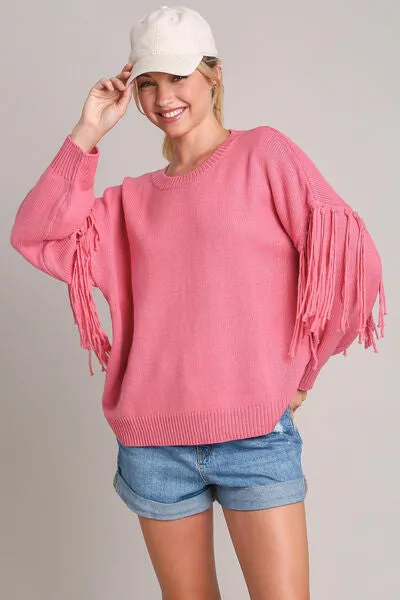 Umgee Full Size Fringe Round Neck Long Sleeve Sweater Plus Size sold by Charming Charlie
