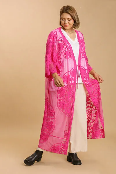 Umgee Full Size Floral Lace Open Front Long Kimono with Waist Tie Plus Size sold by Charming Charlie product image thumbnail 3