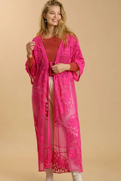 Umgee Full Size Floral Lace Open Front Long Kimono with Waist Tie Plus Size sold by Charming Charlie