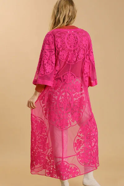 Umgee Full Size Floral Lace Open Front Long Kimono with Waist Tie Plus Size sold by Charming Charlie product image thumbnail 2