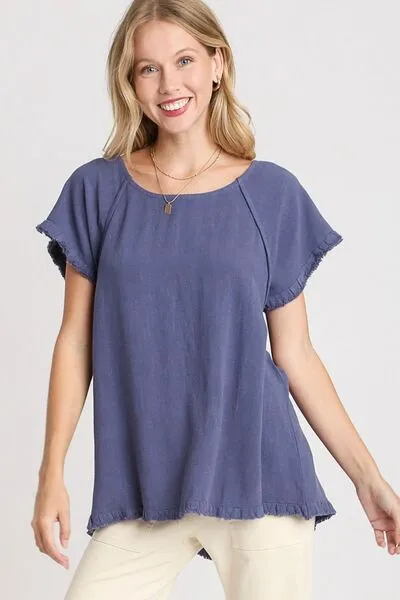 Umgee Full Size Seam Detail Linen Ruffle Fringe Edge Top Plus Size sold by Charming Charlie