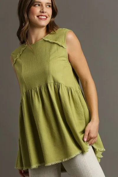 Umgee Full Size Raw Hem Linen Round Neck Sleeveless Top Plus Size sold by Charming Charlie