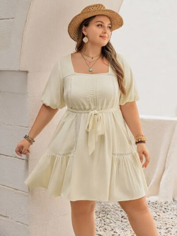 Plus Size Lace Detail Square Neck Puff Sleeve Mini Dress sold by Charming Charlie