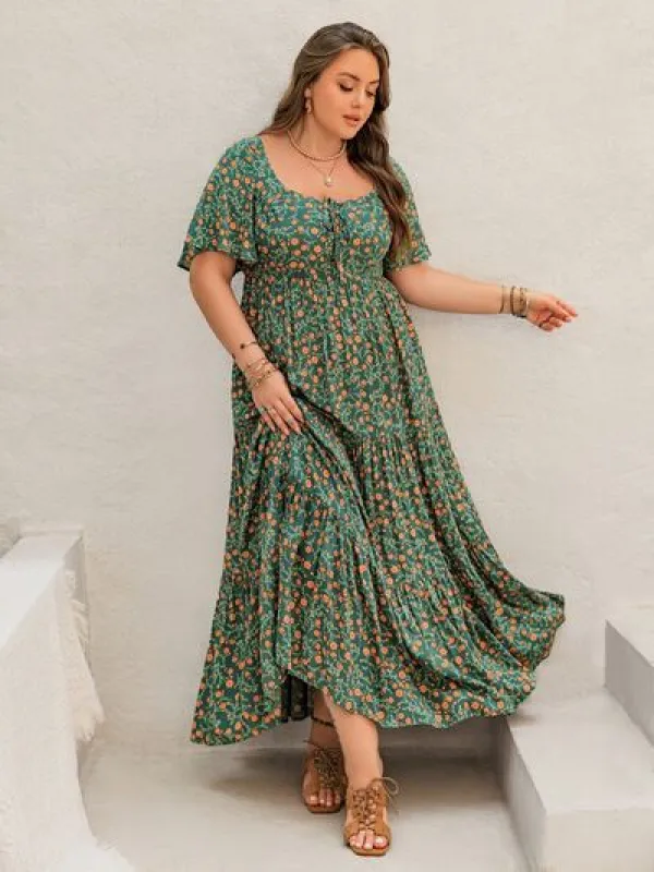 Plus Size Printed Short Sleeve Tiered Maxi Dress sold by Charming Charlie