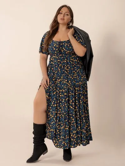 Plus Size Printed Short Sleeve Slit Tiered Maxi Dress sold by Charming Charlie product image thumbnail 3