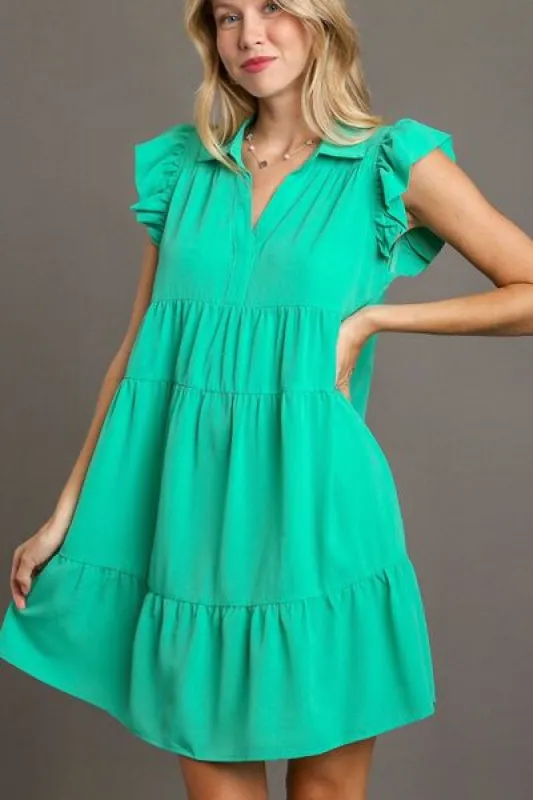 Umgee Full Size Johnny Collar Ruffle Cap Sleeve Tiered Dress Plus Size made by Charming Charlie