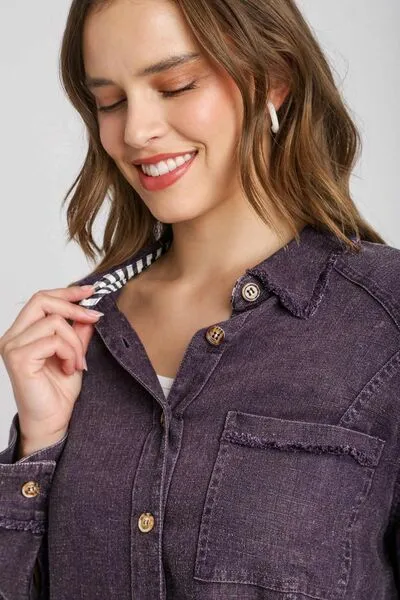 Umgee Full Size High Low Raw Hem Mineral Wash Button Down Shirt Plus Size sold by Charming Charlie product image thumbnail 3