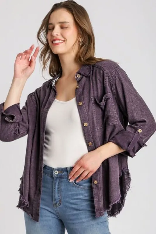 Umgee Full Size High Low Raw Hem Mineral Wash Button Down Shirt Plus Size sold by Charming Charlie