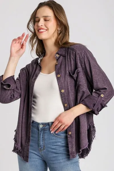 Umgee Full Size High Low Raw Hem Mineral Wash Button Down Shirt Plus Size sold by Charming Charlie