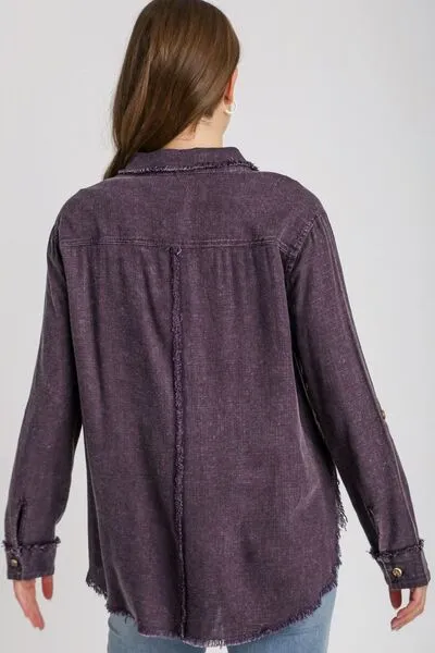 Umgee Full Size High Low Raw Hem Mineral Wash Button Down Shirt Plus Size sold by Charming Charlie product image thumbnail 2