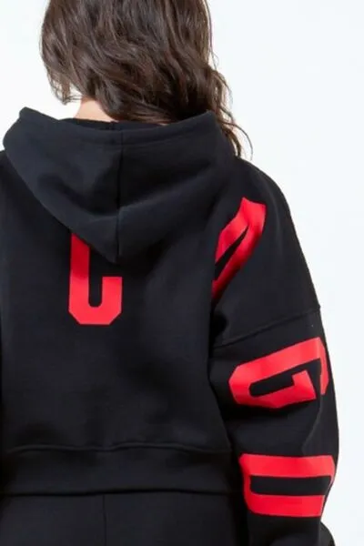 American Bazi Letter Graphic Long Sleeve Drawstring Cropped Hoodie sold by Charming Charlie product image thumbnail 3
