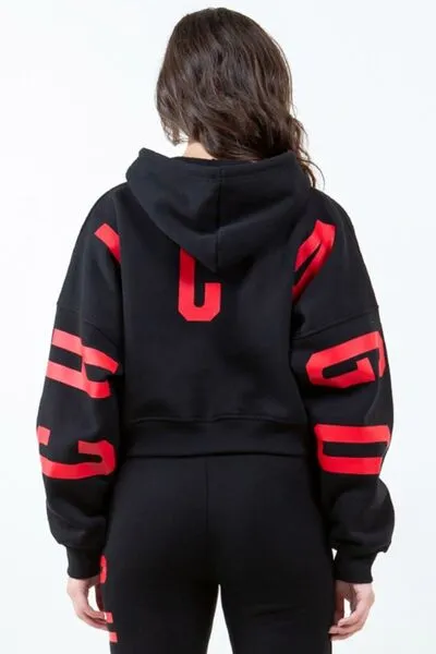 American Bazi Letter Graphic Long Sleeve Drawstring Cropped Hoodie sold by Charming Charlie