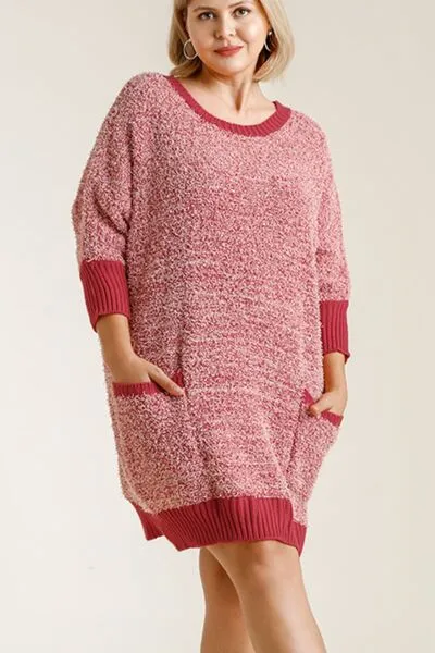 Umgee Full Size Ribbed Hem Round Neck 3/4 Sleeve Sweater Dress with Pockets Plus Size sold by Charming Charlie product image thumbnail 3