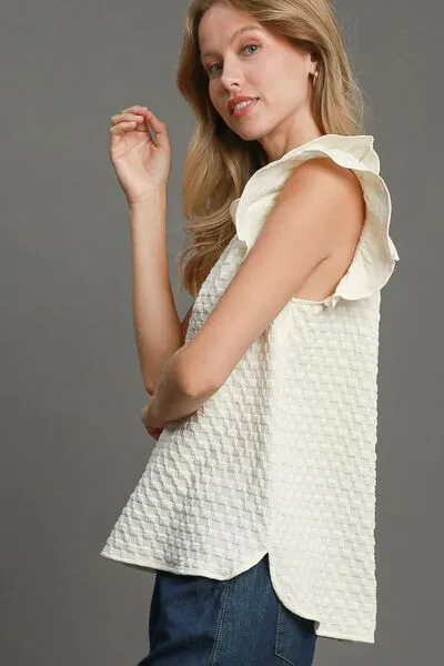 Umgee Full Size Textured Jacquard V-Neck Ruffle Cap Sleeve Blouse Plus Size sold by Charming Charlie product image thumbnail 3