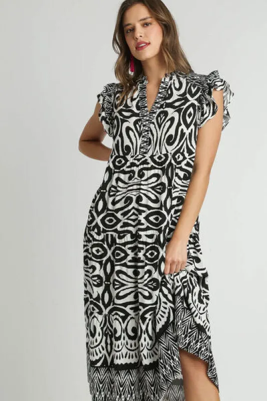 Umgee Full Size Two Tone Border Print Ruffle Cap Sleeve Midi Dress Plus Size made by Charming Charlie