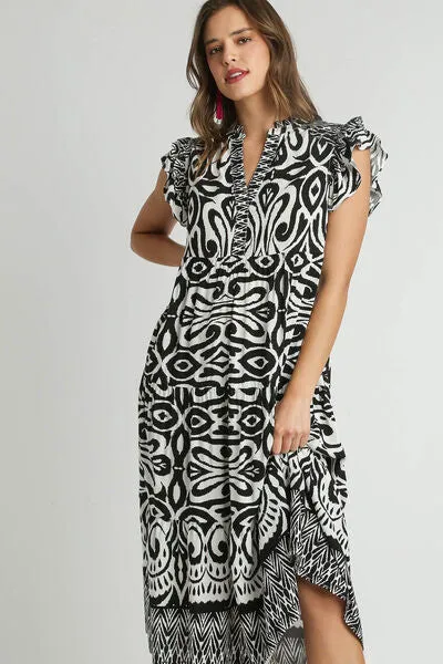 Umgee Full Size Two Tone Border Print Ruffle Cap Sleeve Midi Dress Plus Size sold by Charming Charlie