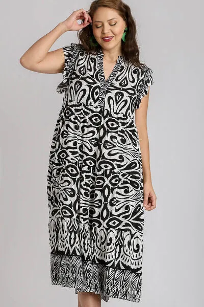 Umgee Full Size Two Tone Border Print Ruffle Cap Sleeve Midi Dress Plus Size sold by Charming Charlie product image thumbnail 5