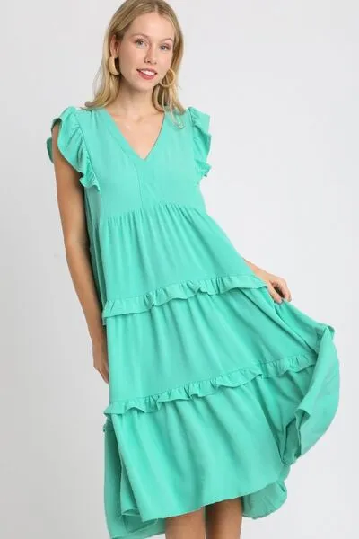 Umgee Full Size Ruffle Tiered Cap Sleeve Midi Dress Plus Size sold by Charming Charlie