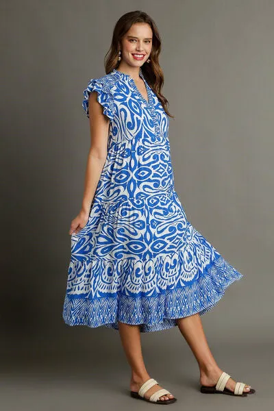 Umgee Full Size Two Tone Border Print Ruffle Cap Sleeve Midi Dress Plus Size sold by Charming Charlie product image thumbnail 3