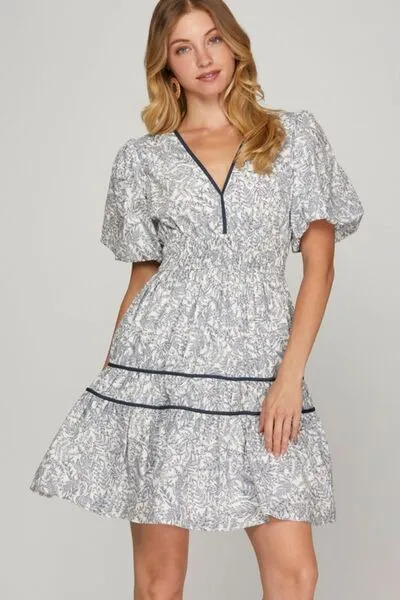 She + Sky Full Size Printed V-Neck Puff Sleeve Tiered Dress Plus Size sold by Charming Charlie