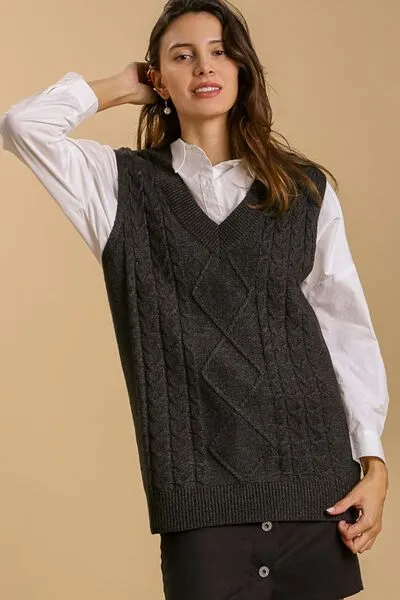 Umgee Full Size Cable V-Neck Vest Sweater Plus Size sold by Charming Charlie