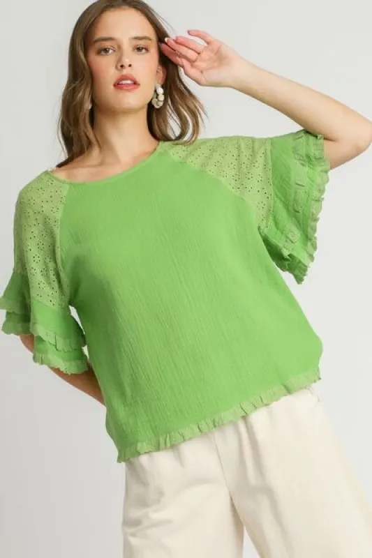 Umgee Full Size Cotton Gauze Round Neck Ruffle Eyelet Layered Sleeve Blouse Plus Size sold by Charming Charlie