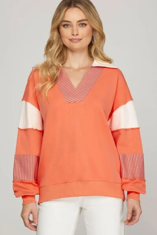 She + Sky Full Size Color Block Sleeve Johnny Collar French Terry Sweatshirt Plus Size made by Charming Charlie