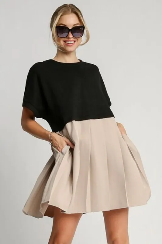 Umgee Full Size Round Neck Pleated Dress with Side Pockets Plus Size sold by Charming Charlie