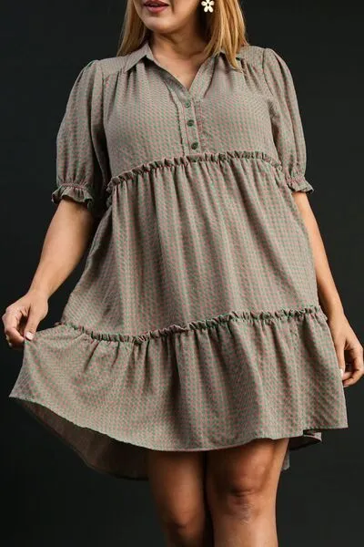 Umgee Full Size Plaid Frill Button Detail Ruffled Short Sleeve Dress Plus Size sold by Charming Charlie product image thumbnail 3