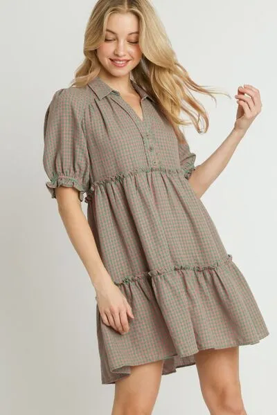 Umgee Full Size Plaid Frill Button Detail Ruffled Short Sleeve Dress Plus Size sold by Charming Charlie