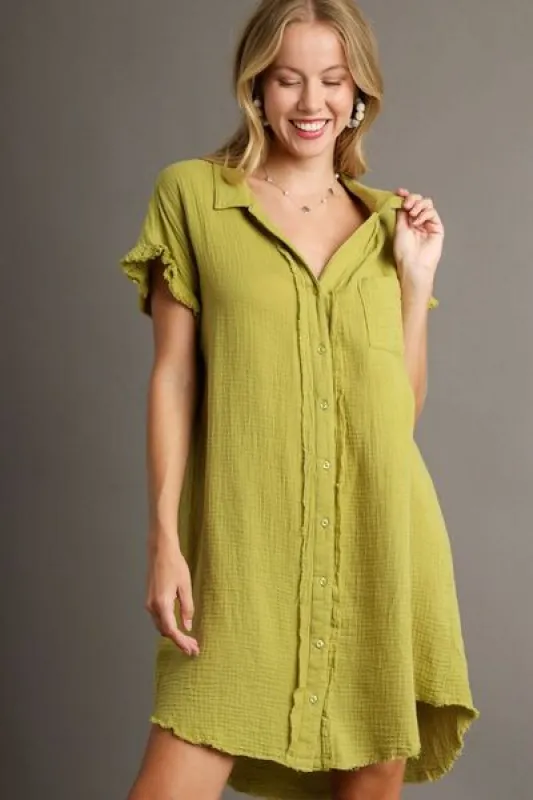Umgee Full Size Raw Hem Button Down Short Sleeve Gauze Shirt Dress Plus Size sold by Charming Charlie
