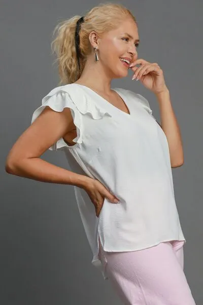 Umgee Full Size V-Neck Double Layered Ruffle Sleeve Blouse Plus Size sold by Charming Charlie product image thumbnail 4