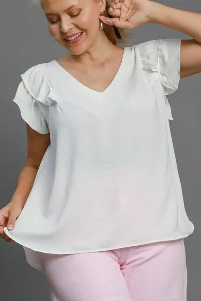 Umgee Full Size V-Neck Double Layered Ruffle Sleeve Blouse Plus Size sold by Charming Charlie product image thumbnail 3