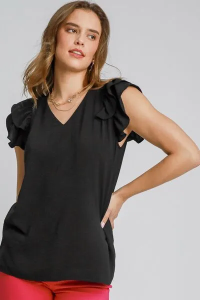 Umgee Full Size V-Neck Double Layered Ruffle Sleeve Blouse Plus Size sold by Charming Charlie