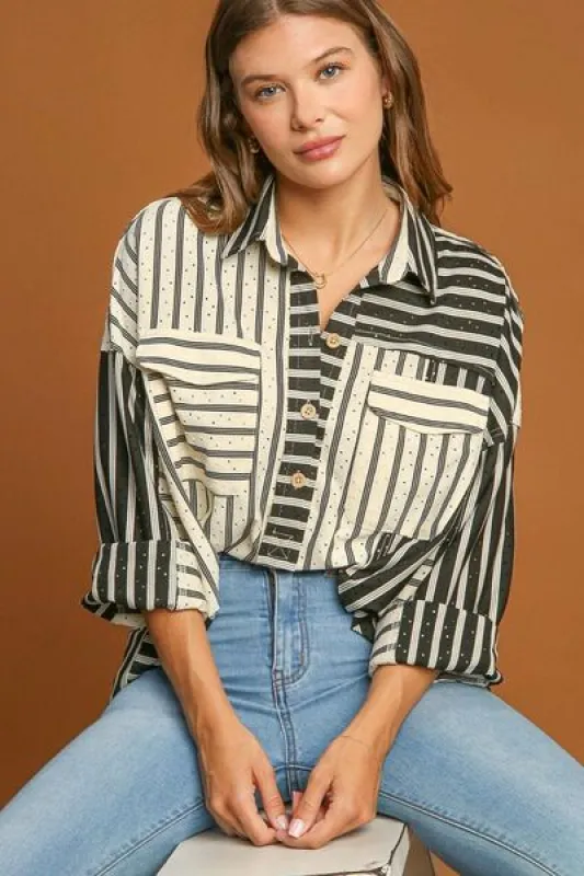 Umgee Full Size Pointelle Stripped Half Button Collared Neck Top Plus Size sold by Charming Charlie
