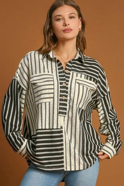 Umgee Full Size Pointelle Stripped Half Button Collared Neck Top Plus Size sold by Charming Charlie product image thumbnail 2