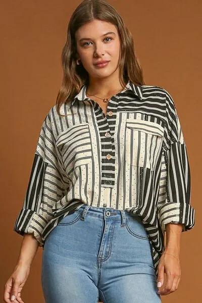 Umgee Full Size Pointelle Stripped Half Button Collared Neck Top Plus Size sold by Charming Charlie product image thumbnail 3