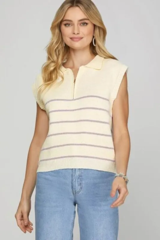 She + Sky Ribbed Hem Striped Half Zip Sweater Vest sold by Charming Charlie