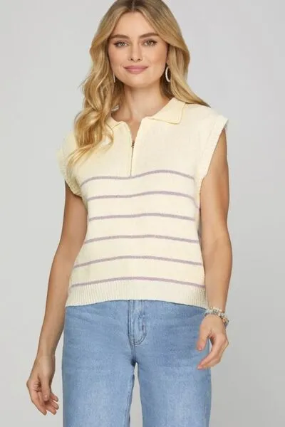 She + Sky Ribbed Hem Striped Half Zip Sweater Vest sold by Charming Charlie