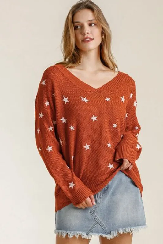 Umgee Full Size Star V-Neck Long Sleeve Sweater Plus Size sold by Charming Charlie