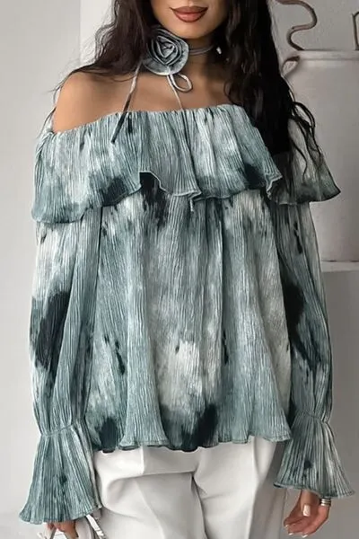 Printed Ruffled Off-Shoulder Blouse with Flower Neck Tie sold by Charming Charlie product image thumbnail 3