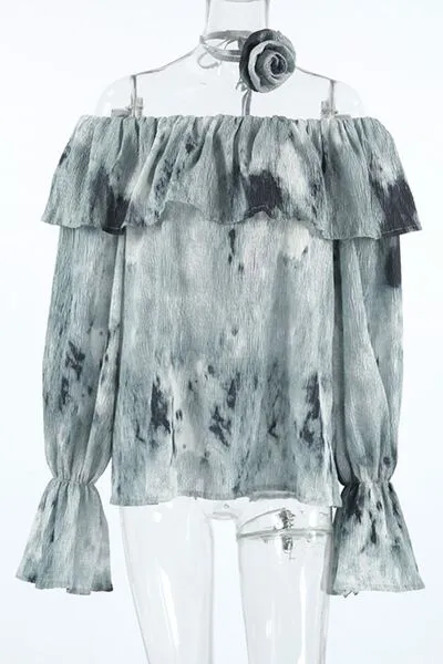 Printed Ruffled Off-Shoulder Blouse with Flower Neck Tie sold by Charming Charlie product image thumbnail 5