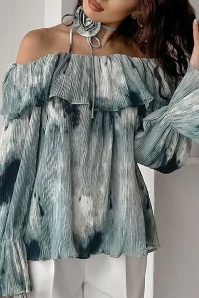 Printed Ruffled Off-Shoulder Blouse with Flower Neck Tie sold by Charming Charlie product image thumbnail 4