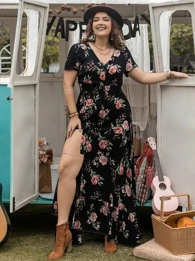 Plus Size Button Detail Printed V-Neck Short Sleeve Maxi Dress sold by Charming Charlie product image thumbnail 3