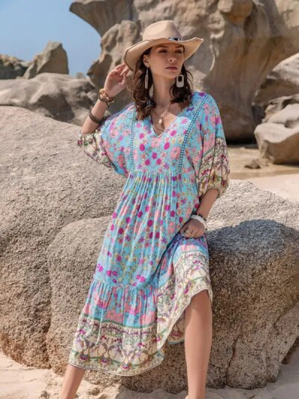Printed Puff Sleeve Ruched Midi Dress sold by Charming Charlie
