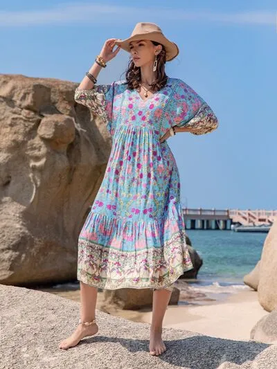 Printed Puff Sleeve Ruched Midi Dress sold by Charming Charlie product image thumbnail 3