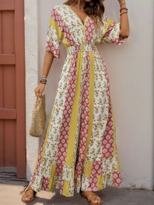 Perfee Ruffled Hem Printed V-Neck Jumpsuit sold by Charming Charlie