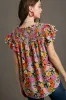 Umgee Full Size Floral Printed Smocked Top Plus Size sold by Charming Charlie