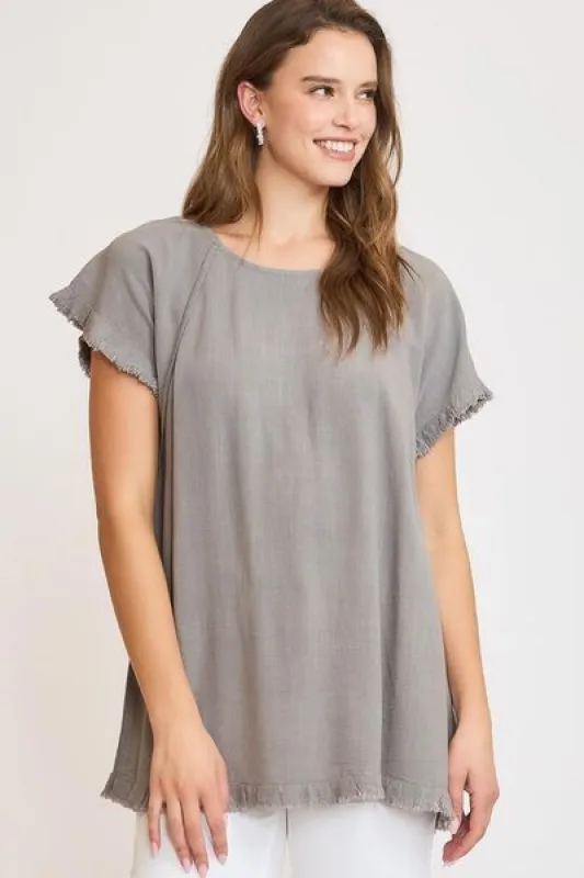 Umgee Full Size Seam Detail Linen Ruffle Fringe Edge Top Plus Size sold by Charming Charlie
